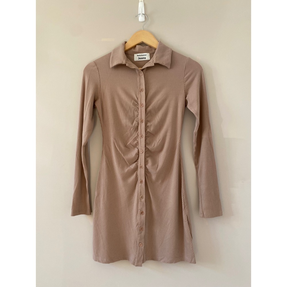 Reformation‎ Womens Small Tan Ribbed Button Down Ruched Mini Dress Long Sleeve